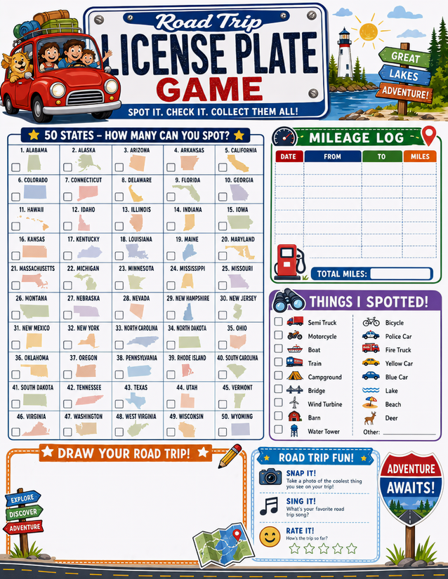 Great Lakes License Plate Game Printable, Five Sections on One Sheet