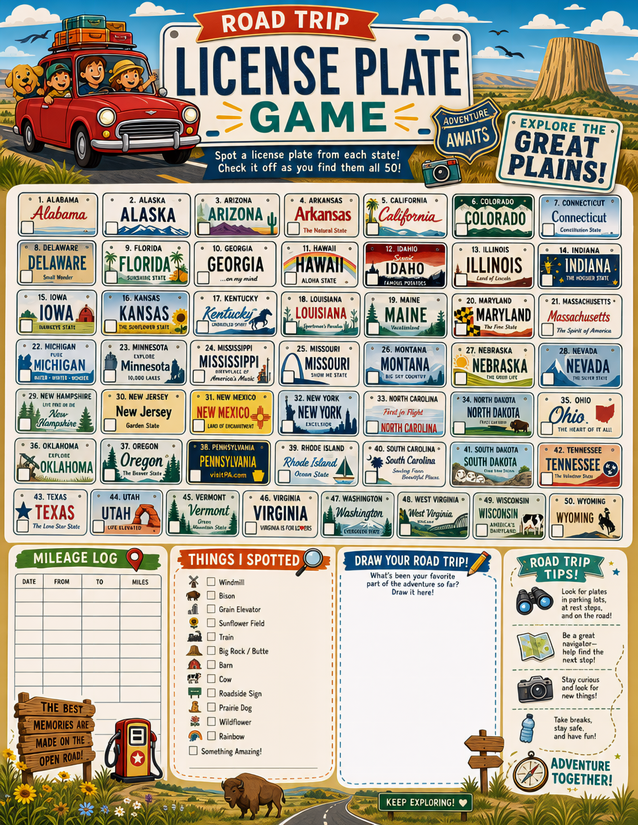 Great Plains License Plate Game Printable, All 50 States Plus Mileage Log