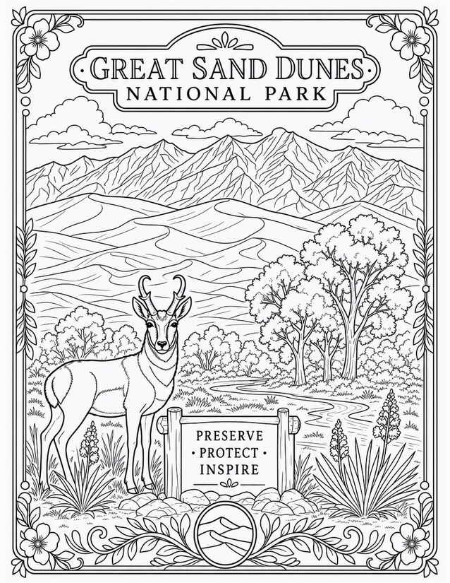 Great Sand Dunes National Park Coloring Page, Pronghorn and Sangre de Cristo Mountains