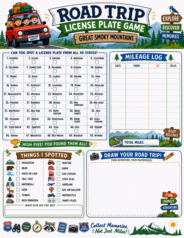 Great Smoky Mountains License Plate Game Printable