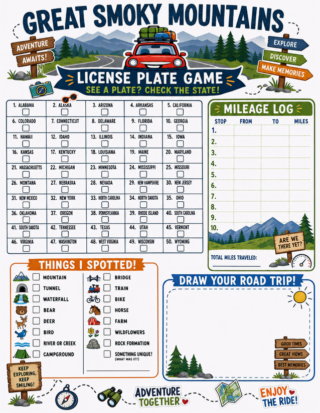 Great Smoky Mountains License Plate Game, Mileage Log and Spotter Checklist