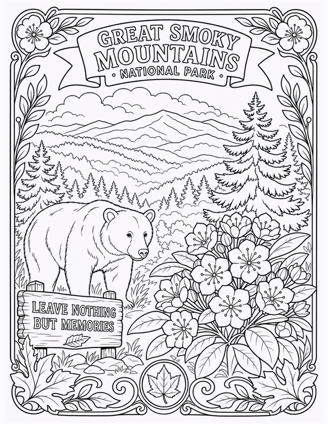 Great Smoky Mountains National Park Coloring Page, Black Bear and Wildflowers