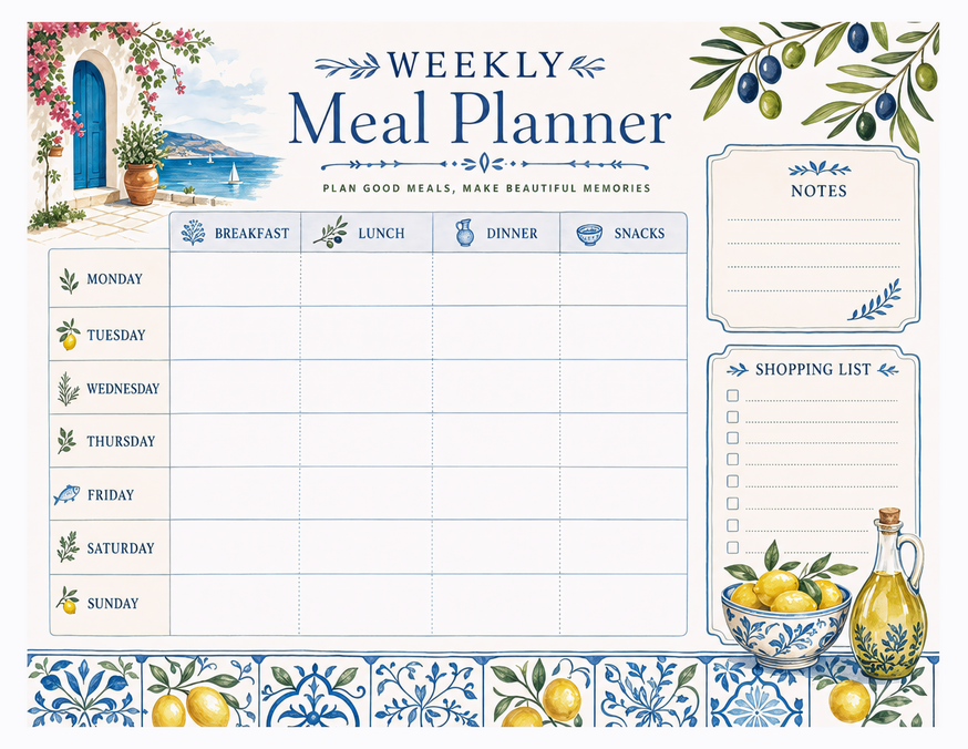 Greek Style Meal Planner Printable, Lemons and Olive Branch