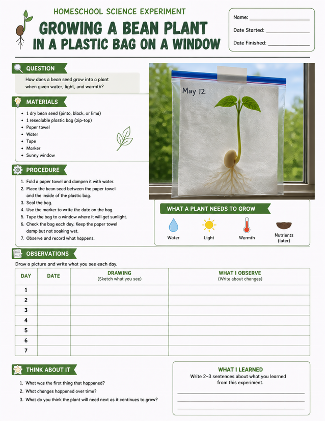 Growing a Bean Plant in a Plastic Bag on a Window, 7-Day Observation Log