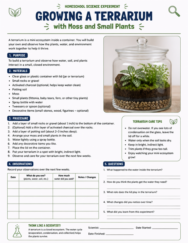 Growing a Terrarium with Moss and Small Plants, Homeschool Lab Sheet