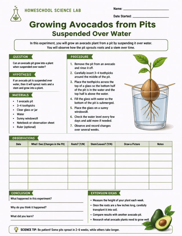 Growing Avocados from Pits Suspended Over Water Lab Sheet