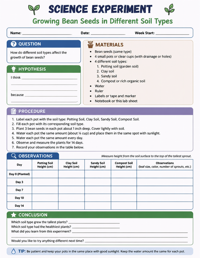 Growing Bean Seeds in Different Soil Types, 14-Day Lab Sheet