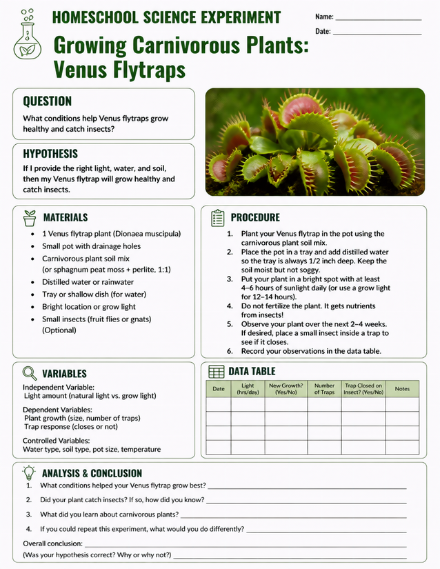 Growing Carnivorous Plants Venus Flytraps Lab Sheet