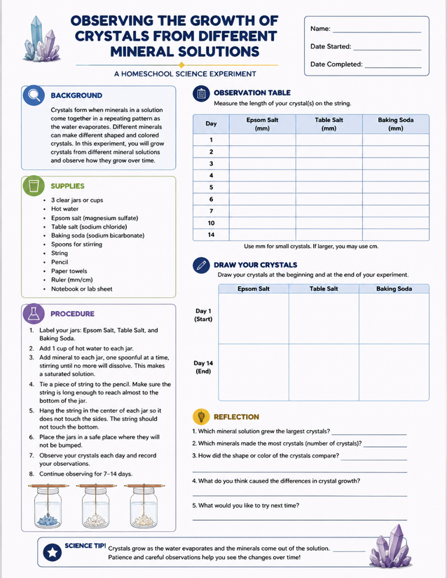 Growing Crystals from Different Mineral Solutions, Lab Sheet