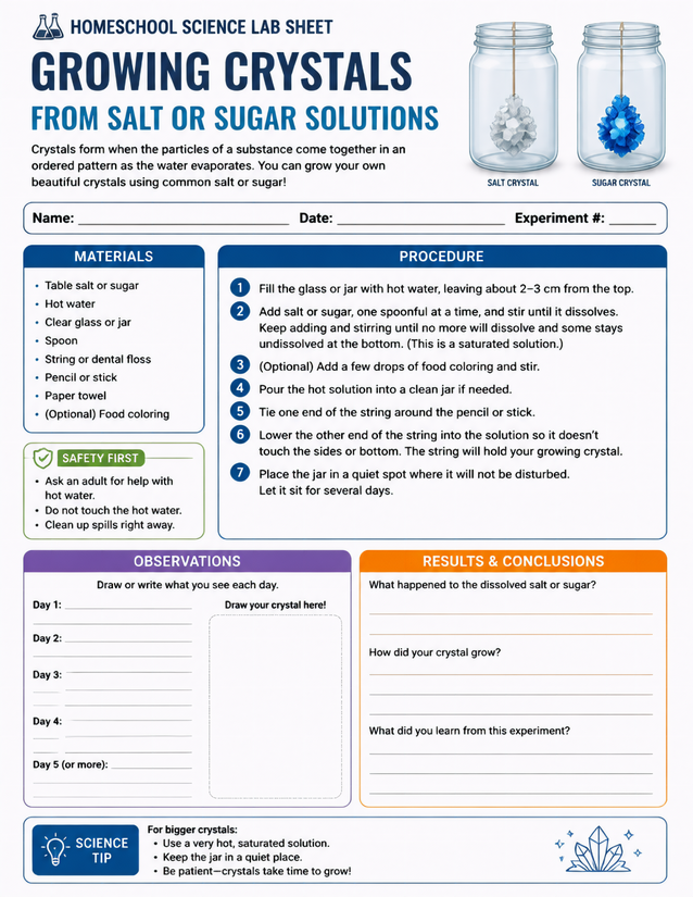 Growing Crystals from Salt or Sugar Solutions Lab Sheet