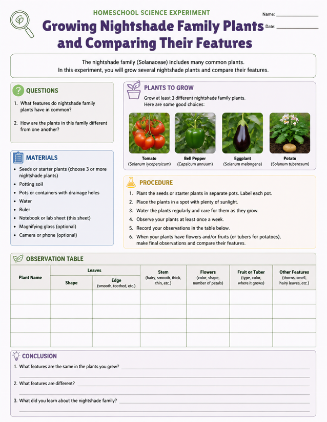 Growing Nightshade Family Plants Lab Sheet, Tomato to Potato