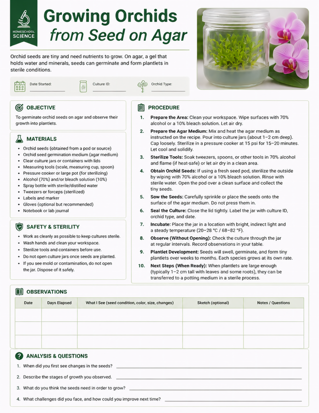 Growing Orchids from Seed on Agar, Sterile Culture Lab Sheet