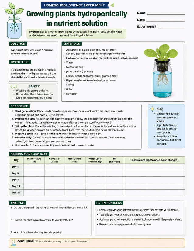 Growing Plants Hydroponically in Nutrient Solution, Lab Sheet