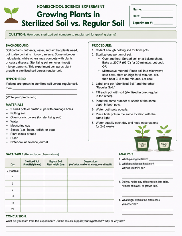 Growing Plants in Sterilized Soil vs Regular Soil Lab Sheet