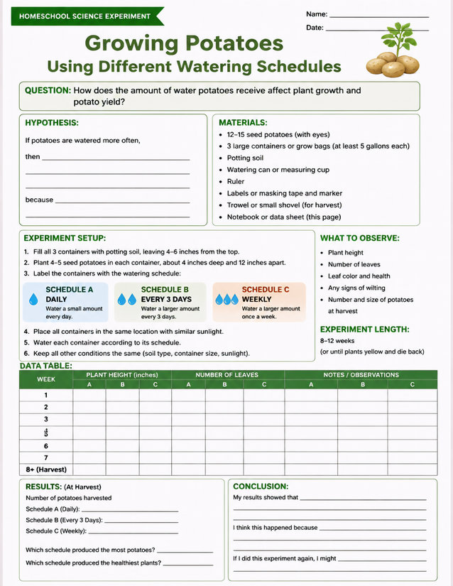 Growing Potatoes Using Different Watering Schedules, Lab Sheet