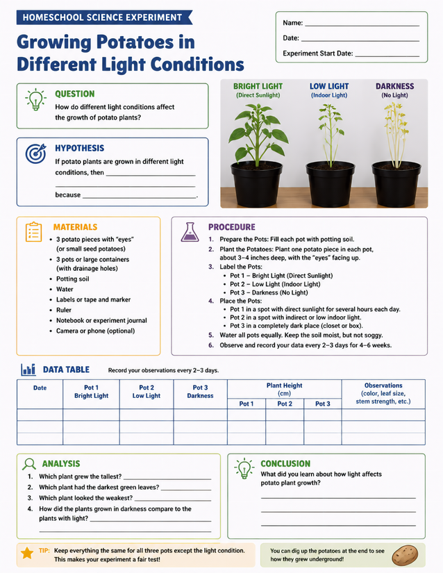 Growing Potatoes in Different Light Conditions, Lab Sheet
