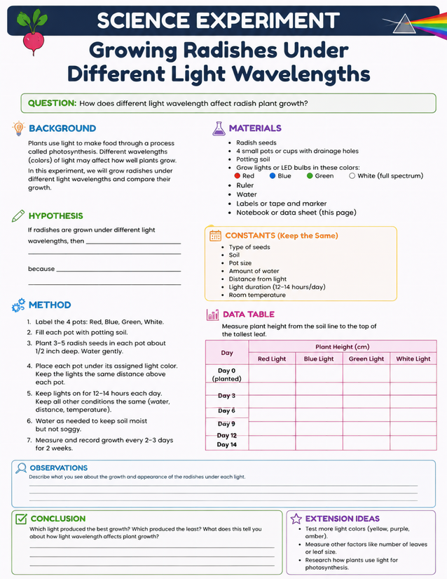 Growing Radishes Under Different Light Wavelengths, Science Lab Sheet