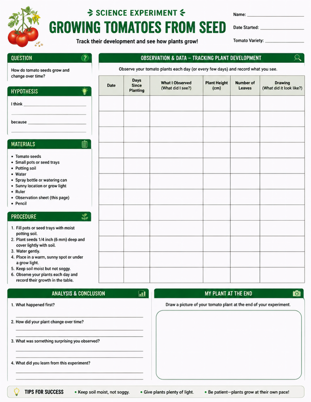 Growing Tomatoes From Seed Science Experiment Lab Sheet