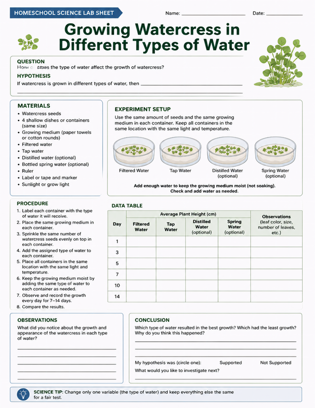 Growing Watercress in Different Types of Water Lab Sheet