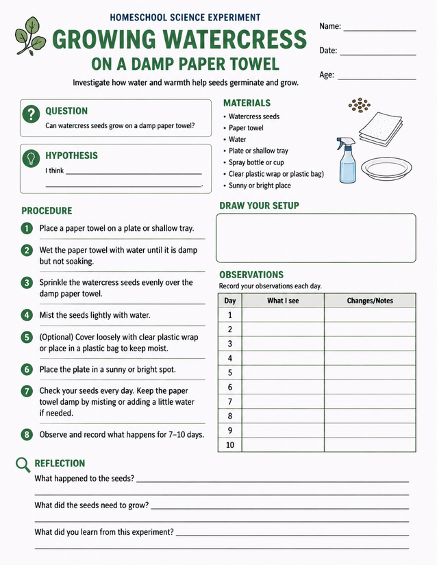 Growing Watercress on a Damp Paper Towel, Homeschool Lab Sheet