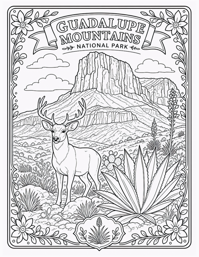 Guadalupe Mountains National Park Coloring Page, Mule Deer and Agave