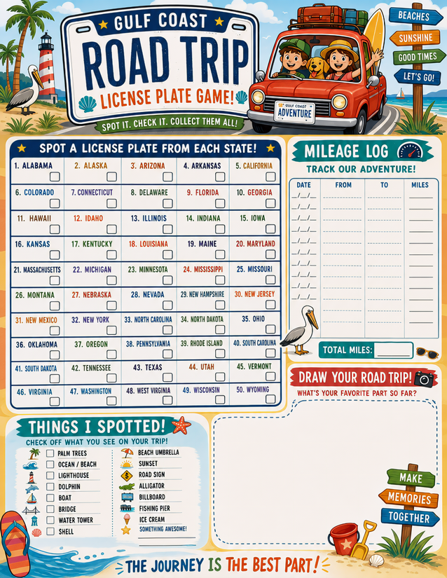 Gulf Coast Road Trip Game Printable, All 50 States Plus Mileage Log