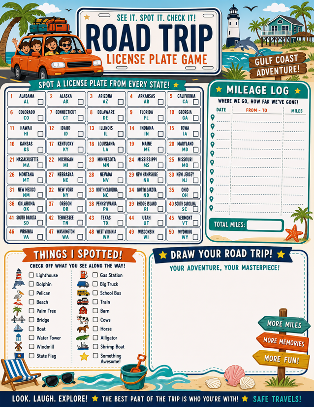 Gulf Coast Road Trip Printable, All 50 States Plus Sightings Log