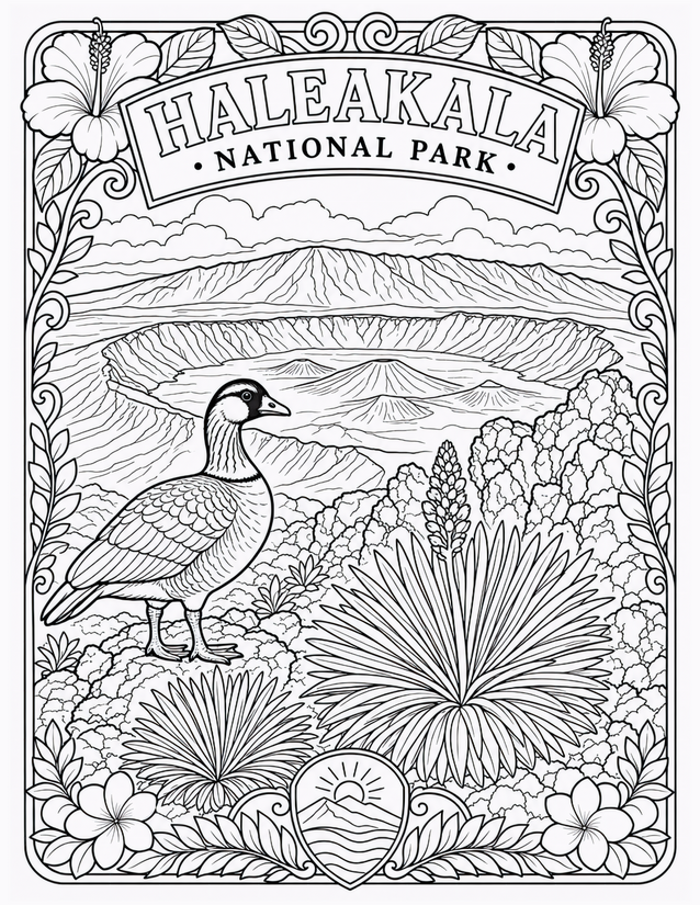 Haleakala National Park Coloring Page, Nene and Silversword