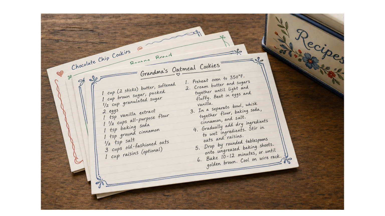 Stack of lined recipe cards in handwritten style showing Grandma's Oatmeal Cookies, with a floral recipe box on a wood surface.