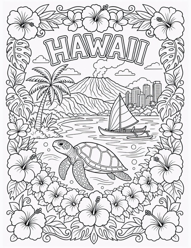 Hawaii Coloring Page, Sea Turtle and Erupting Volcano