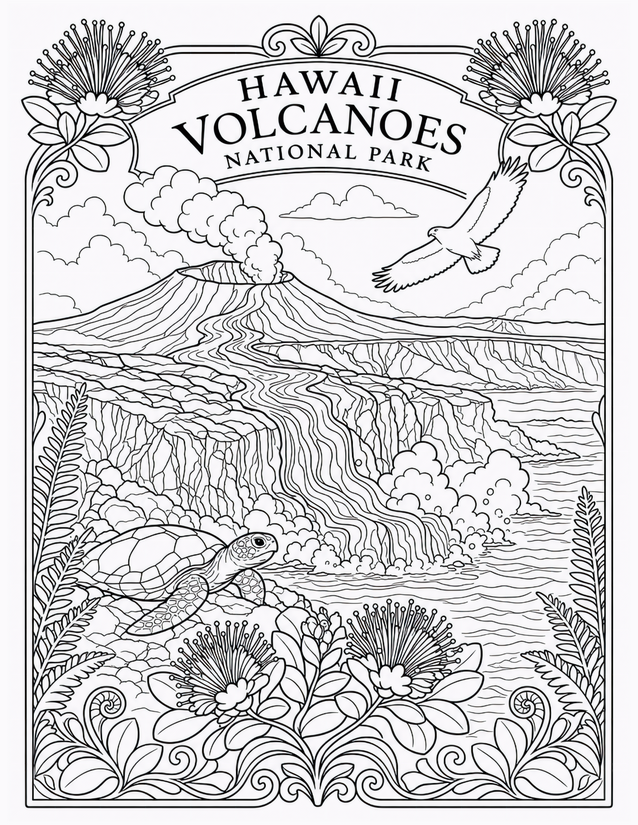 Hawaii Volcanoes National Park Coloring Page, Lava Flows and Sea Turtle