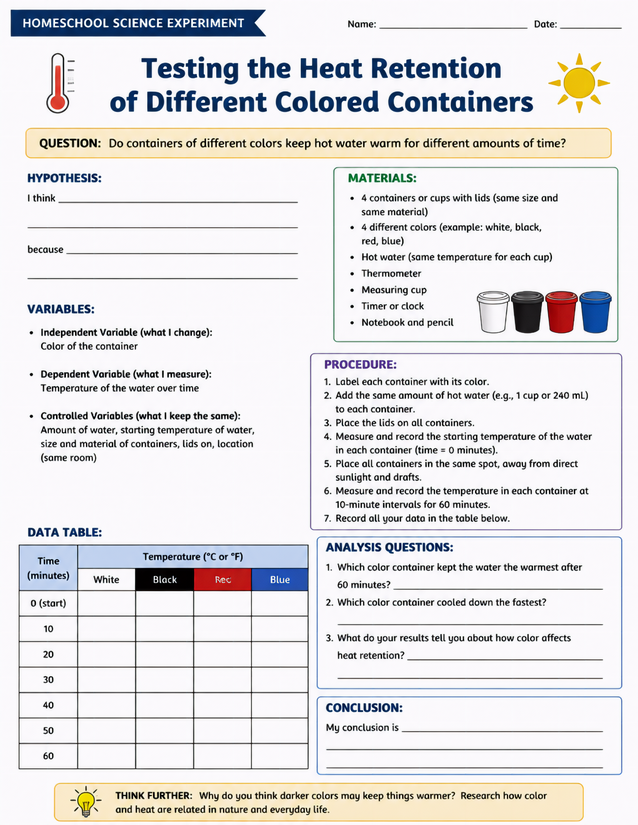 Heat Retention of Different Colored Containers Lab Sheet