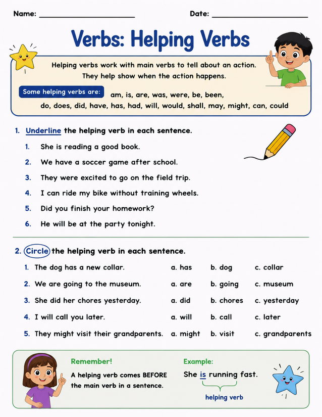 Helping Verbs Worksheet, Underline and Circle Practice