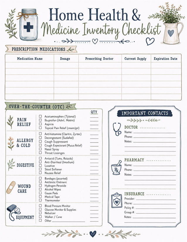 Home Health and Medicine Inventory Checklist, Prescriptions and OTC
