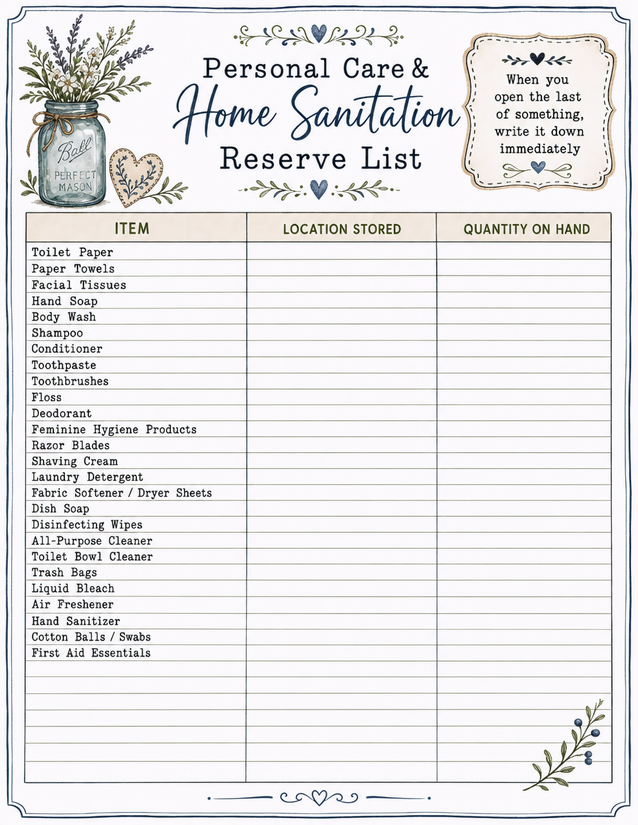 Home Sanitation Reserve List, 26 Pre-Filled Items and Blank Rows
