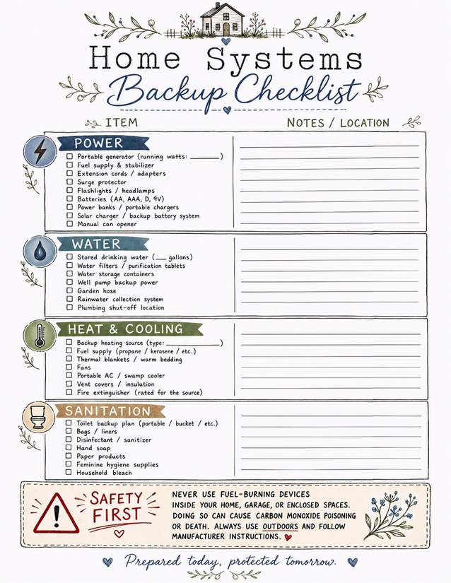 Home Systems Backup Checklist, Four Category Layout with Safety Notes