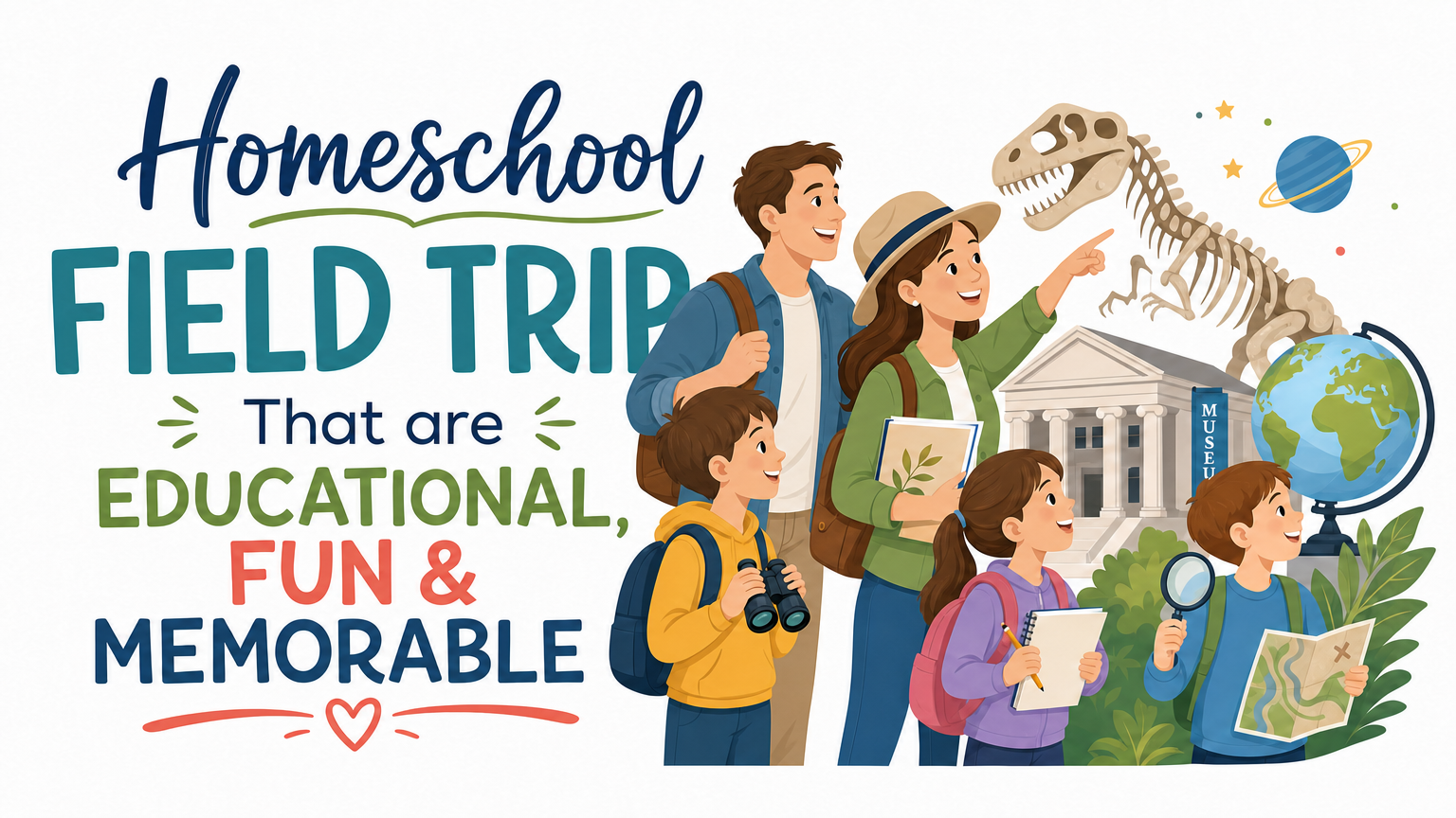 Homeschool field trips printable showing a family at a natural history museum with a dinosaur skeleton, globe, binoculars, map, and the text: Homeschool Field Trips That Are Educational, Fun and Memorable.