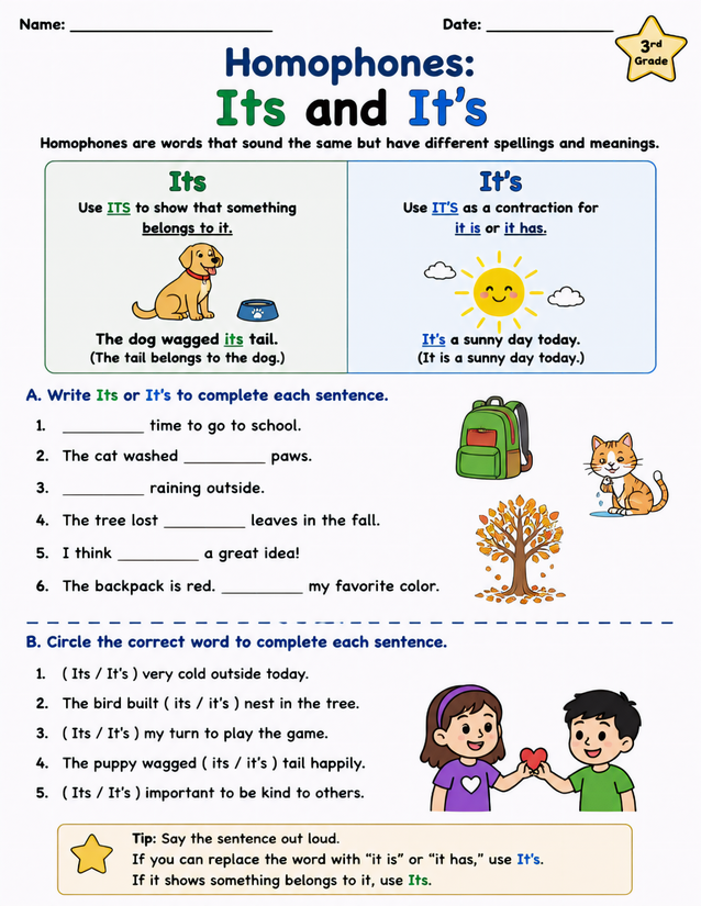 Homophones Its and It’s Worksheet, 3rd Grade