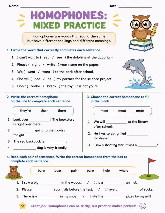Homophones Mixed Practice Worksheet, Four Activity Types