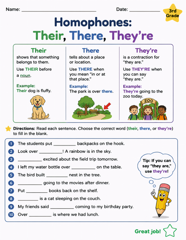 Homophones Their There They’re Worksheet, 3rd Grade