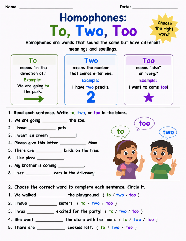 Homophones To Two Too Worksheet, Fill-In and Circle Activities