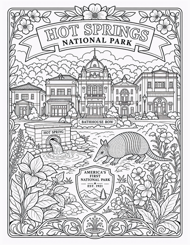 Hot Springs National Park Coloring Page, Bathhouse Row and Armadillo