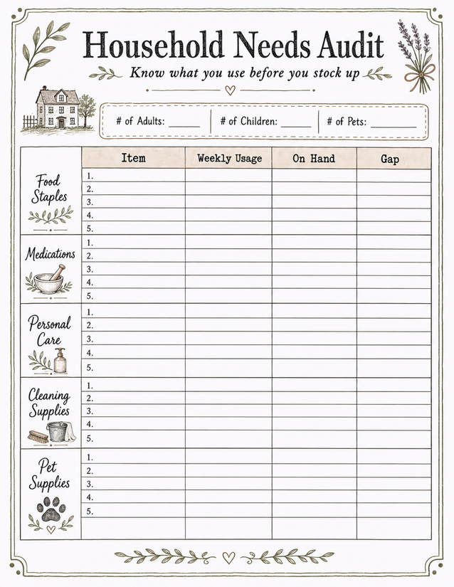Household Needs Audit Tracker, Five Categories and Gap Column