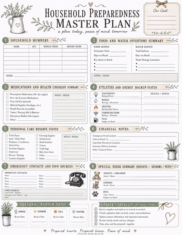 Household Preparedness Master Plan, Eight Section One Page Layout