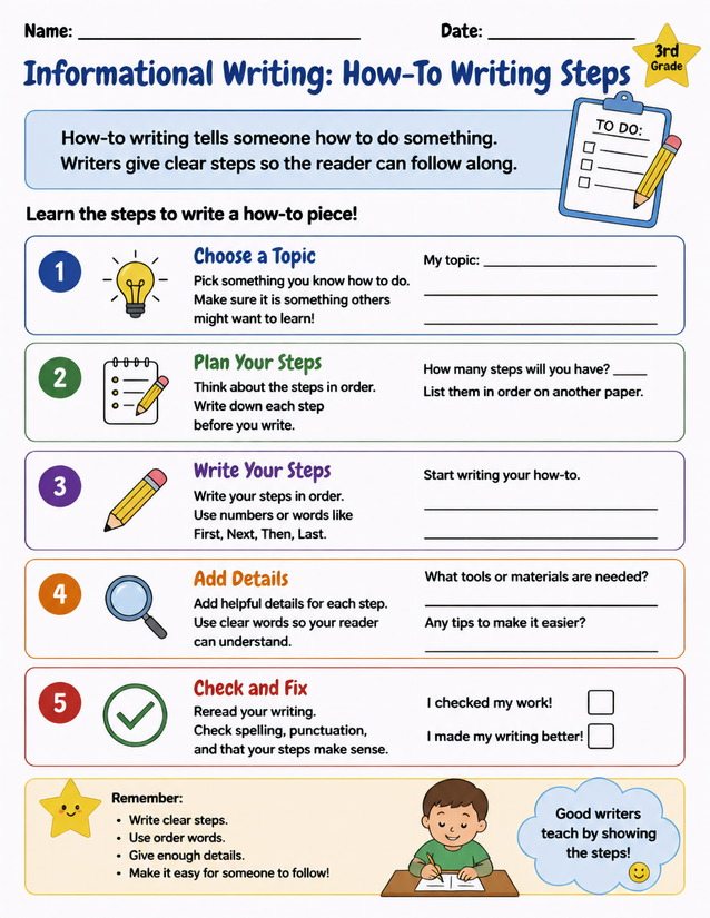 How-To Writing Steps Worksheet, 3rd Grade