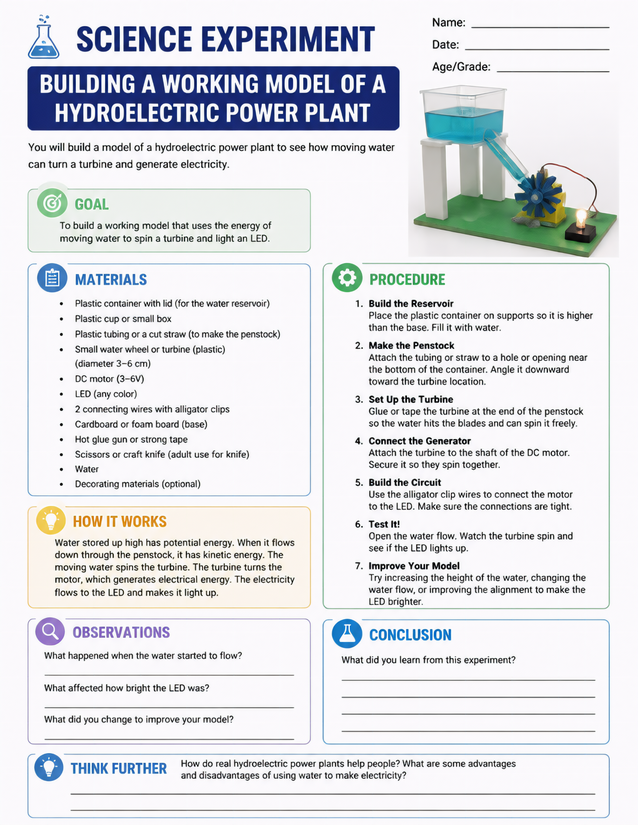 Hydroelectric Power Plant Model Lab Sheet, Turbine to LED