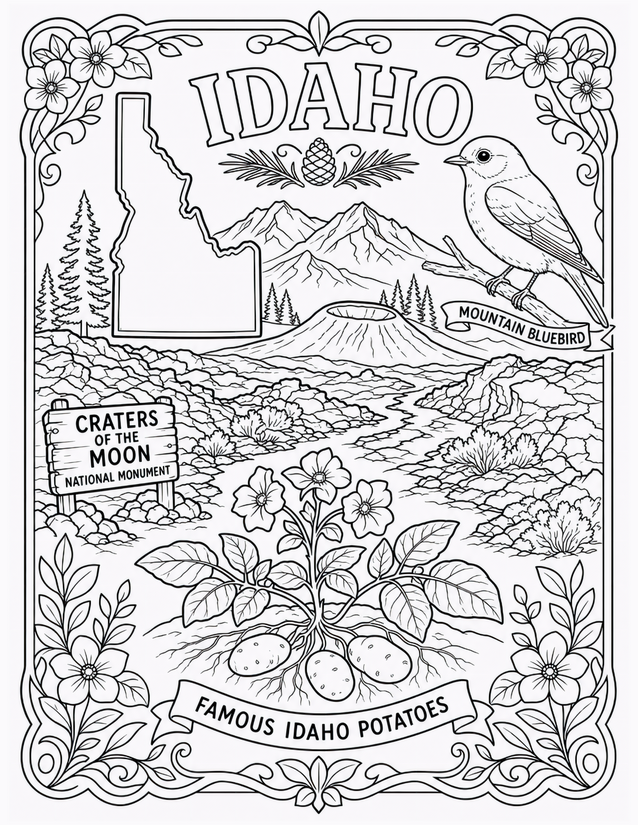 Idaho Coloring Page, Mountain Bluebird and Famous Potatoes