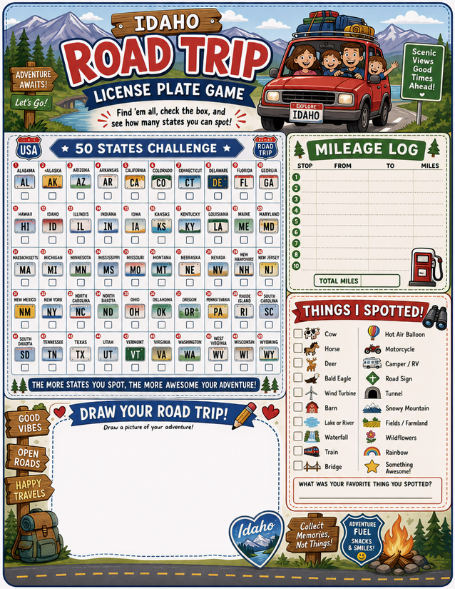 Idaho License Plate Game Printable, 50 States Plus Mileage Log