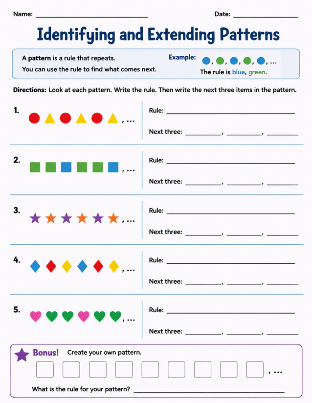Identifying and Extending Patterns Worksheet, Shapes and Colors