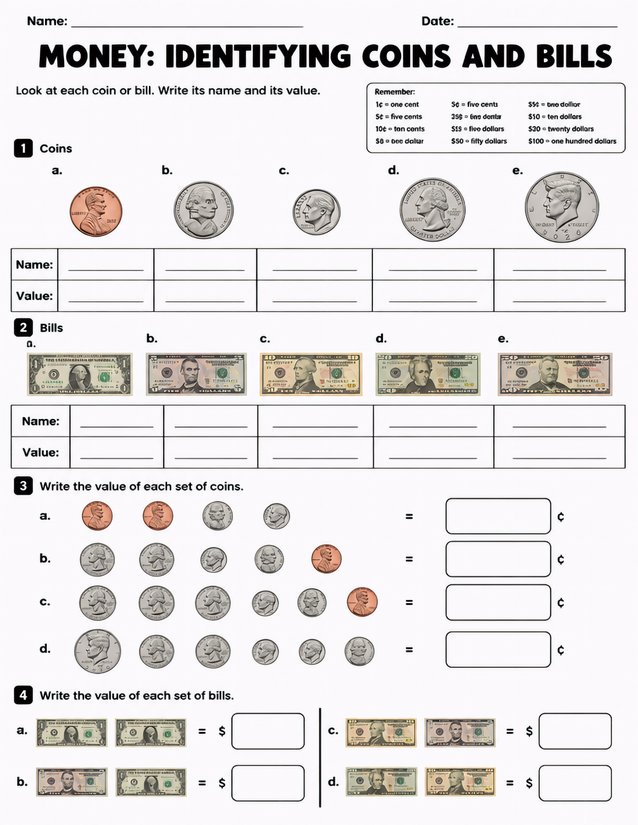 Identifying Coins and Bills Worksheet, Name and Value Practice